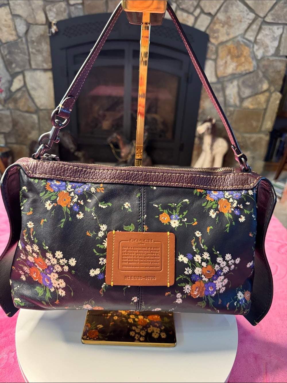 Coach Navy Floral Leather Satchel Pebbled Brown Trim Gunmetal Hardware - Picture 10 of 10